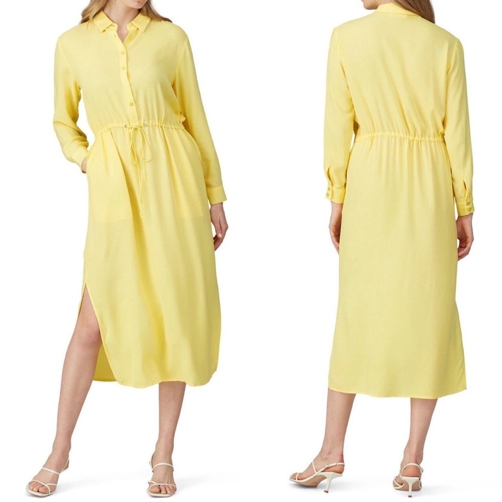 Sita Murt Yellow Linen Blend Button Front Drawstring Waist Midi Shirt Dress 36/4